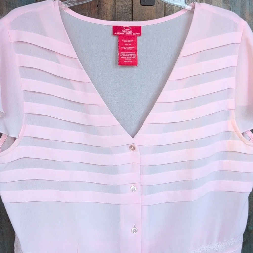 Oscar de la Renta Sheer Pink Ruffled Peplum Blouse Lace Trim - Women's 16